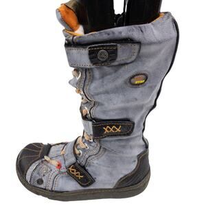 TMA EYES Blue Gray Black Strap Accent Distressed Leather Moto Boots 7.5